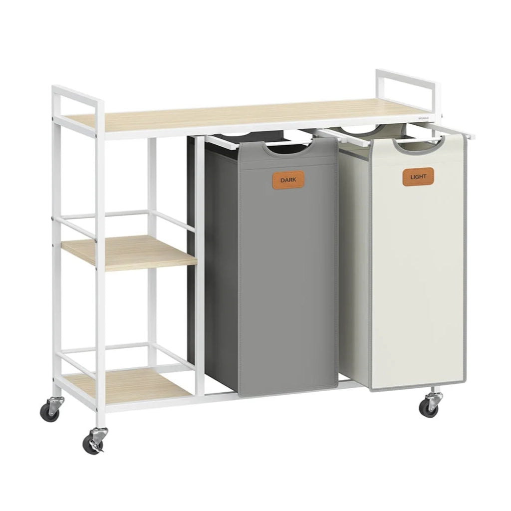 Cesto portabiancheria a 2 scomparti capacità 100 litri cestino con ruote carrello con ripiani sacco e tasche estraibili 6 etichette beige 12_0006652