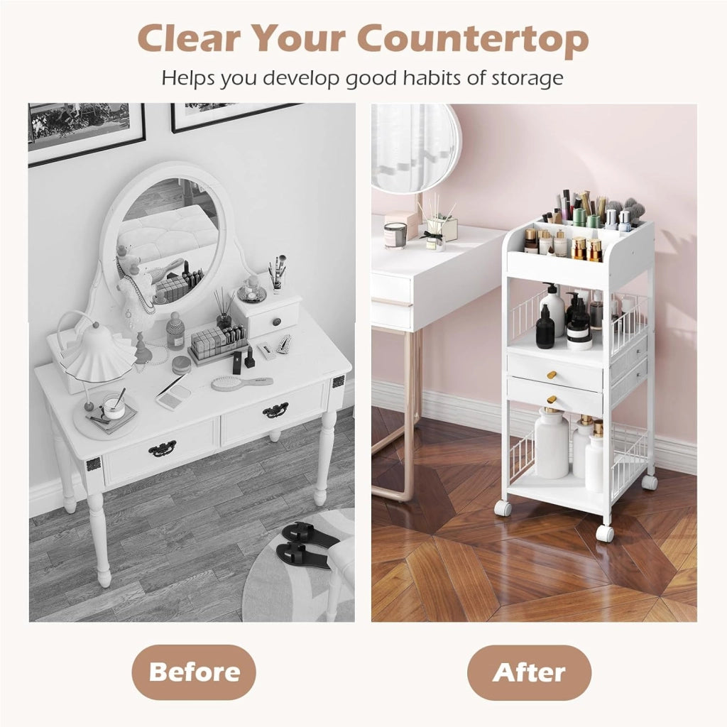 Carrello portaoggetti per cosmetici, organizer per trucchi, con 2 cassetti, 2 ripiani aperti e cubi, 4 ruote, 30 x 30 x 90 cm, carrello multifunzionale per bagno, camera da letto