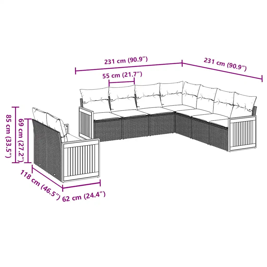 Set Divani da Giardino 9 pz con Cuscini Nero in Polyrattan 3260180