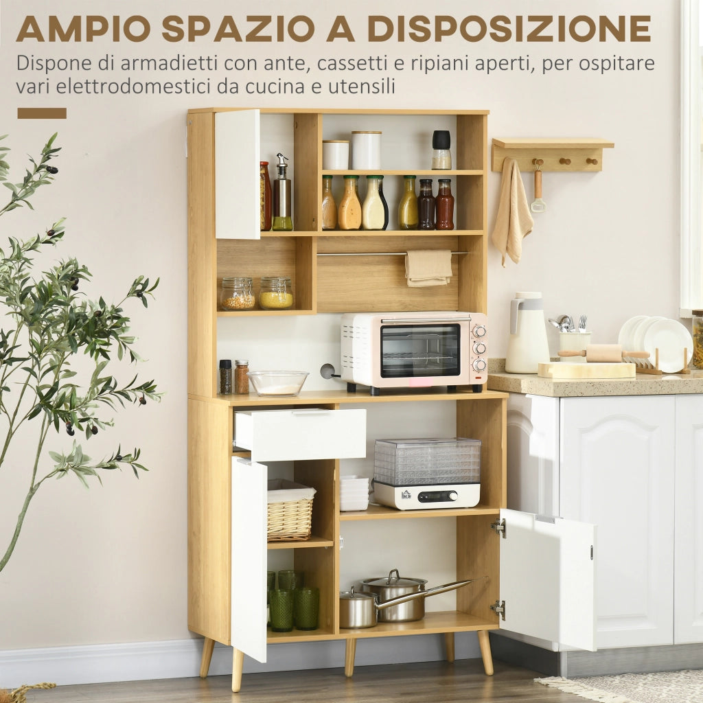 Dispensa da Cucina in Truciolato con Armadietti, Cassetti, Ripiani Regolabili e Appendino, 93x40x180 cm