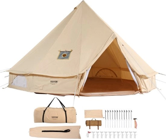 Tenda a Campana per Campeggiatori - 4-6 Persone - 4x4M - Tela di Cotone con Tecnologia TC - Tipi - Yurt - Tenda a Campana - Impermeabile - Glamping - Safari - Inclusa Tasca di Stoccaggio