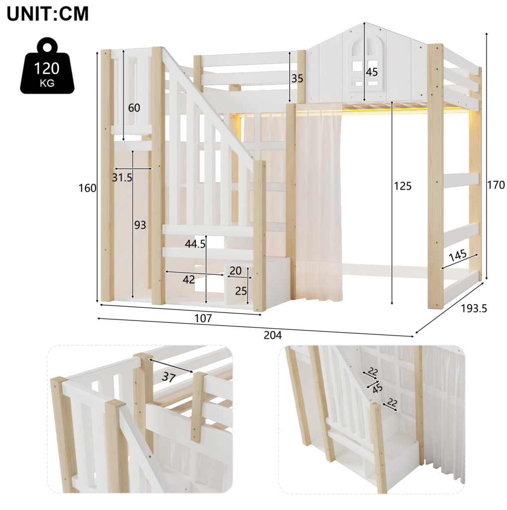 Letto a castello 140x200 cm con LED, scala contenitore e spazio privato