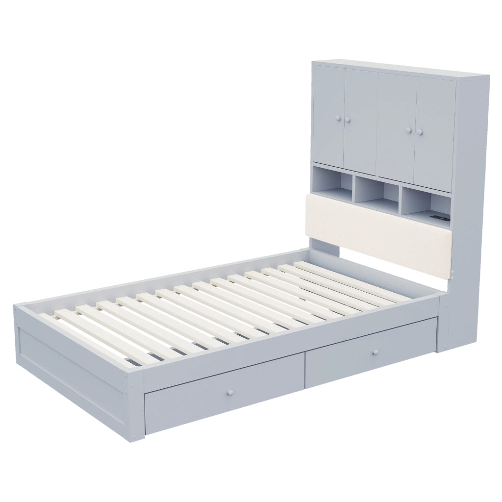 Letto in legno 90 x 200 cm, testiera imbottita, con vano portaoggetti, illuminazione a LED, presa di corrente, 2 cassetti, grigio