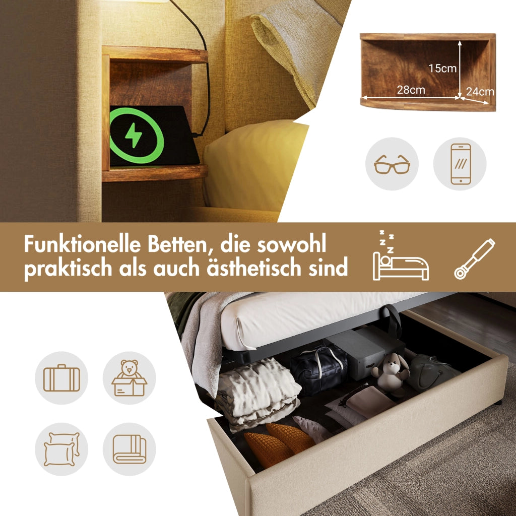 LETTO Contenitore 160x200 cm Beige in lino con lampada da lettura e USB