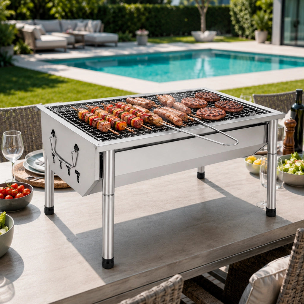 Barbecue A Carbone Portatile In Acciaio Inox Con Griglia Rimovibile Gambe Regolabili Design Compatto Salvaspazio Per Campeggio Picnic Giardino Terrazza Outdoor 40 X 28 X 21.5 Cm Acciaio