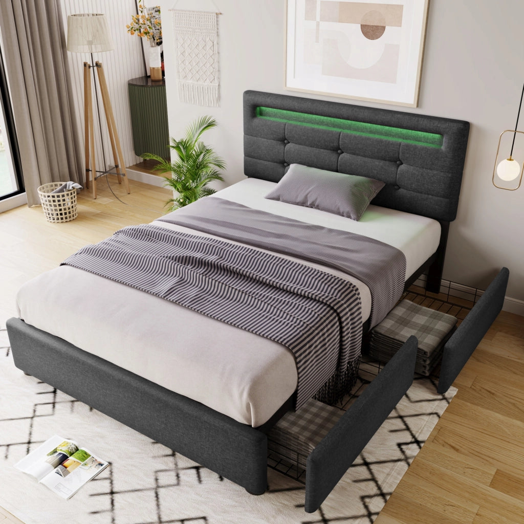 Letto 90x200 con LED - Xylo - Grigio, 2 cassetti, testiera regolabile