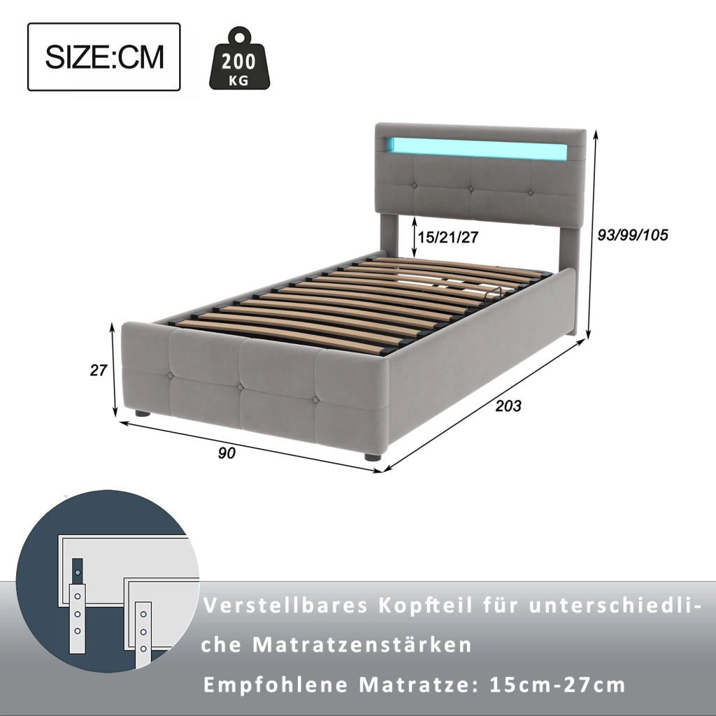 Letto bambino – 90x200 cm – LED contenitore idraulico testiera regolabile – velluto grigio