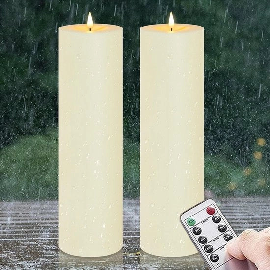 Pila di candela LED inumidificata a controllo remoto - 10x35 cm - timer alimentato da batteria - plastica opaca ivoia - candele da esterno - lunga durata - Pacchetto da 2