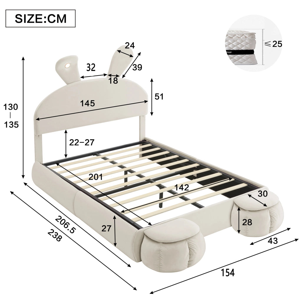 Letto imbottito 140x200 cm beige in velluto con contenitore e LED