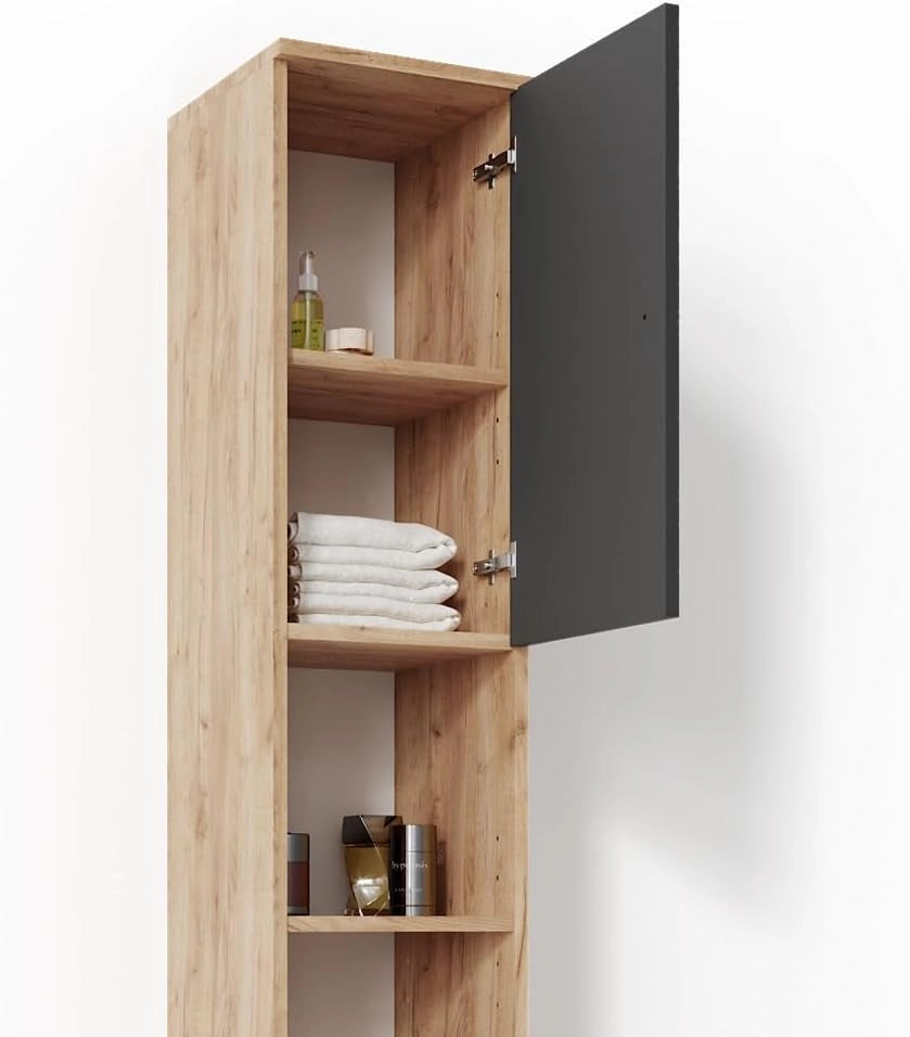 Mobile bagno alto Fynn, Rovere, 30 x 190 cm, per la conservazione di articoli da bagno e asciugamani