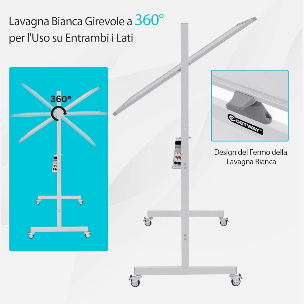 Lavagna Bianca Magnetica Doppia, Lavagna Bianca Regolabile in Altezza e Ruote Bloccabili, 6 Pennarelli, 12 Calamite e 1 Cancellino, Ideale per Scuola, 126 x 53,5 x 160-180 cm (Bianco)