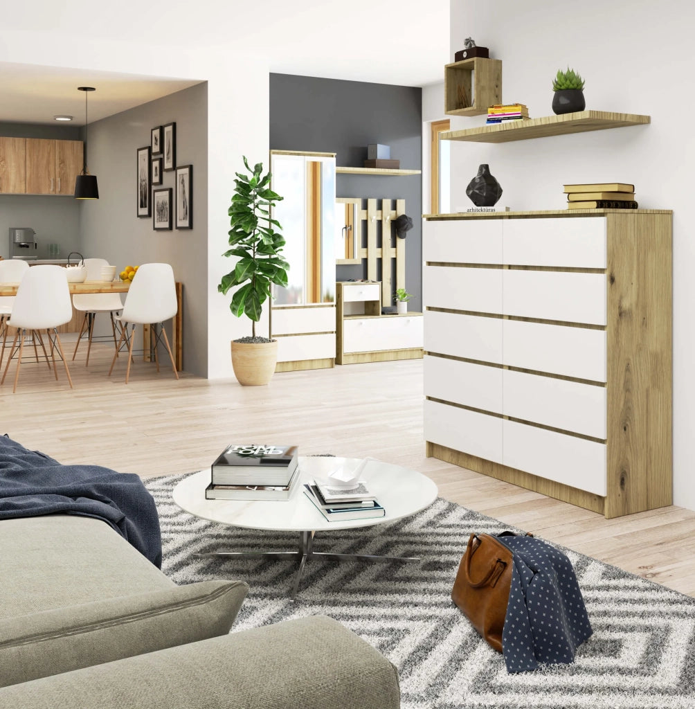 Cassettiera AKORD K120 Quercia Artisan 120 cm 10 cassetti inserto frontale Bianco 120x40x121 cm