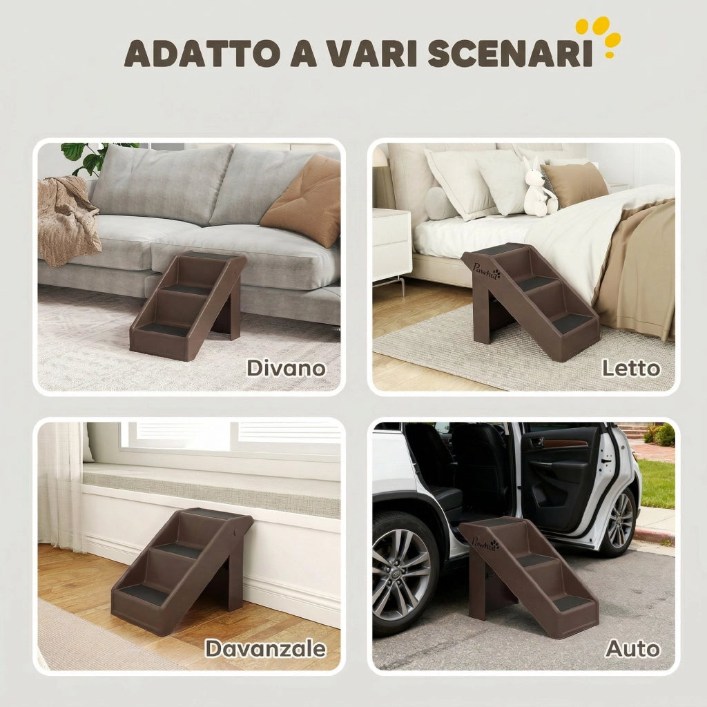 Scaletta per Cani e Gatti con 3 Scalini Antiscivolo per Letti Alti e Divani. 53x30.5x36.5 cm. Marrone