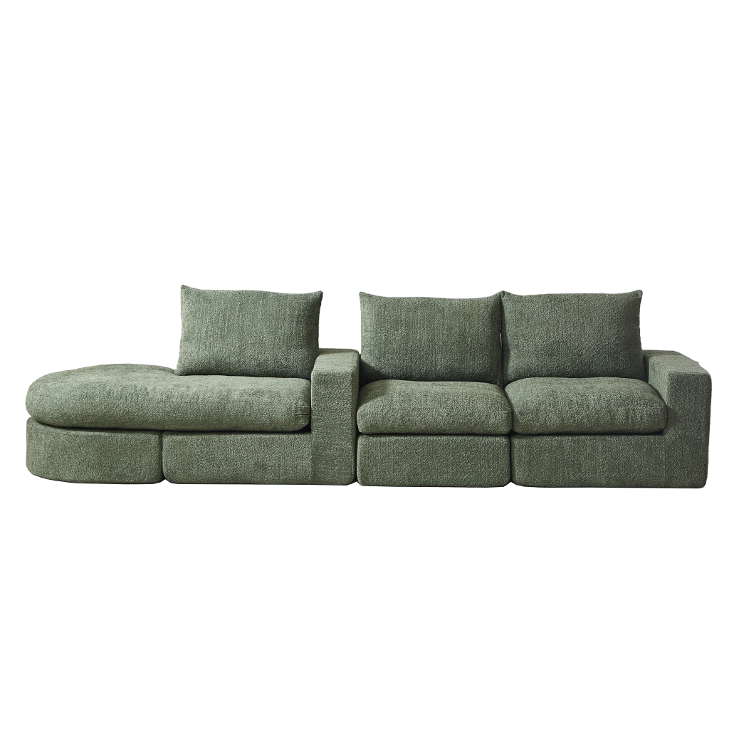Divano Ad Angolo Reversibile Modulare 4 Moduli con cuscini e poggiatesta in Chenille Verde
