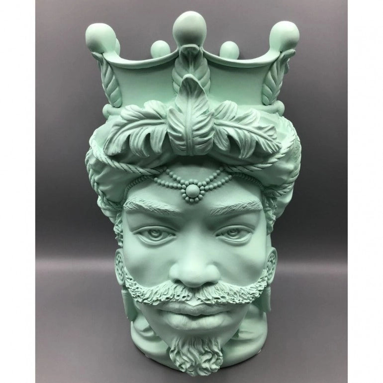 Coppia di Vasi Teste di Moro in Resina colore Menta, altezza 28 cm