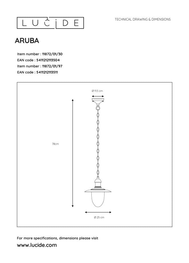 Lampada esterna sospesa Lucide Aruba E27 IP44 nera