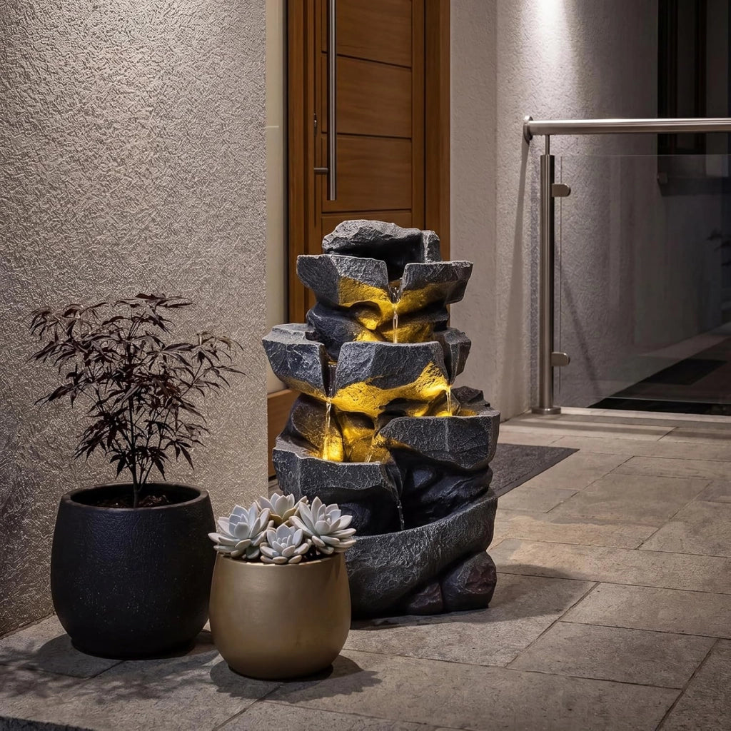 Fontana da Giardino a 5 Livelli, Fontana Cascata da Esterno con Luci e Flusso d'Acqua Regolabile, Fontanella Elettrica a Forma di Roccia con Effetto di Pietra da Terrazza e Balcone