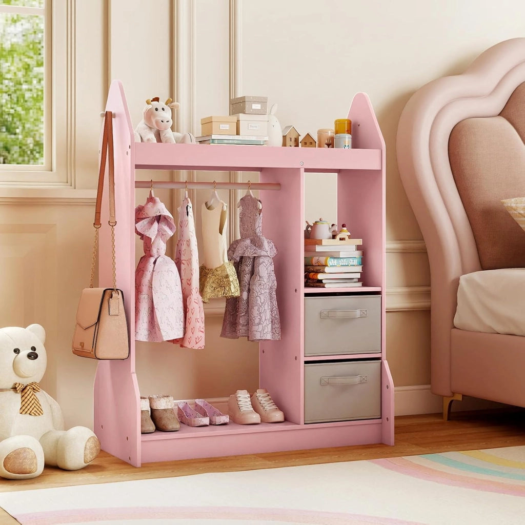 Guardaroba per Bambini, Armadio Gioco con Specchio Appendiabiti, Cassette in Tessuto Pieghevoli, Organizer per Stanza e Camera da Letto, 81 x 38 x 107 cm (Rosa)