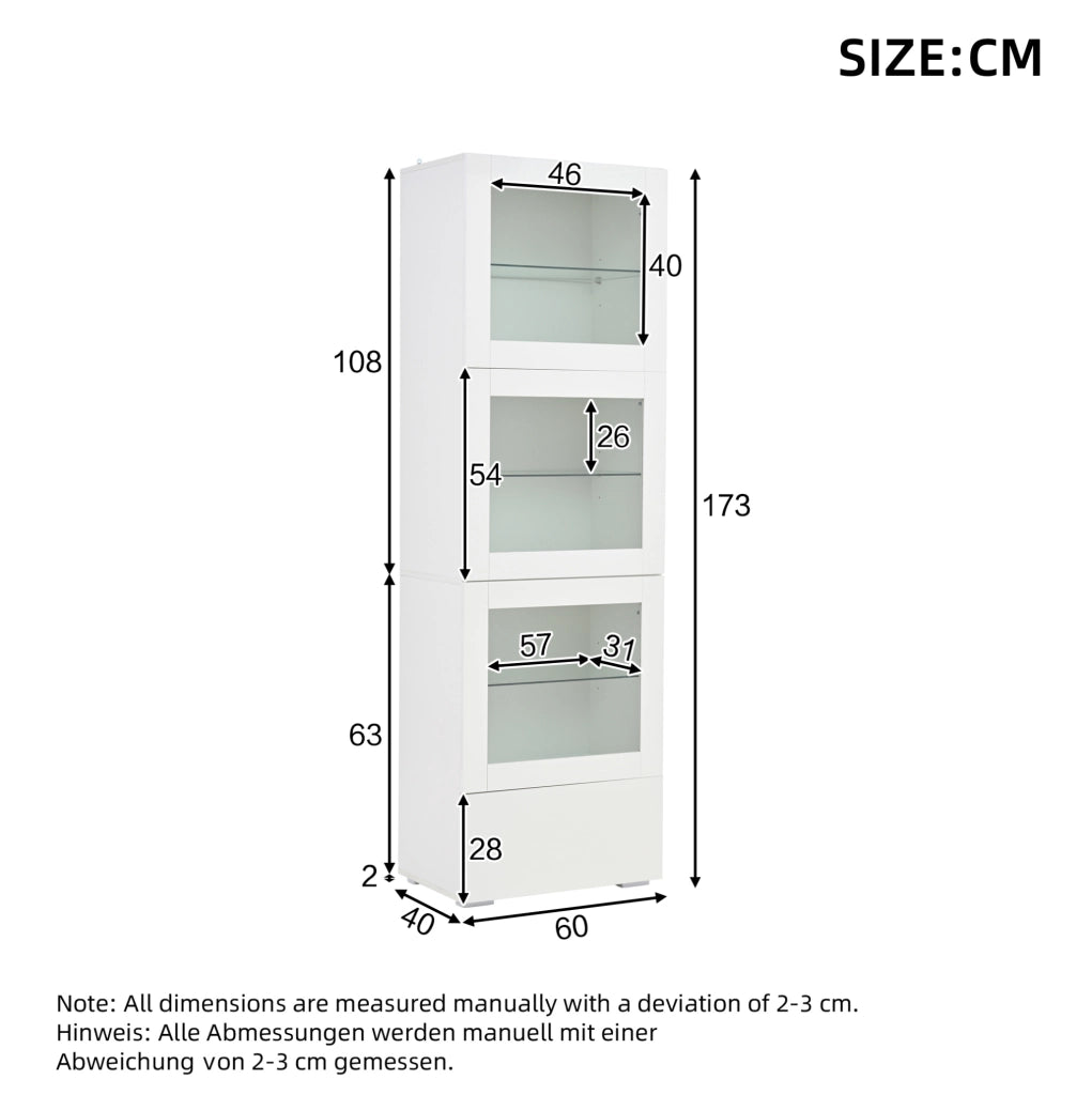 Vetrina alta LED bianca 60x40x173 cm con 3 ante e cassetto