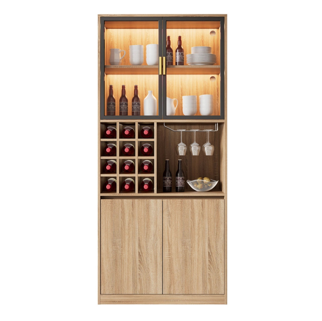 Mobile contenitore con ante in vetro e illuminazione LED 180 cm; in MDF naturale