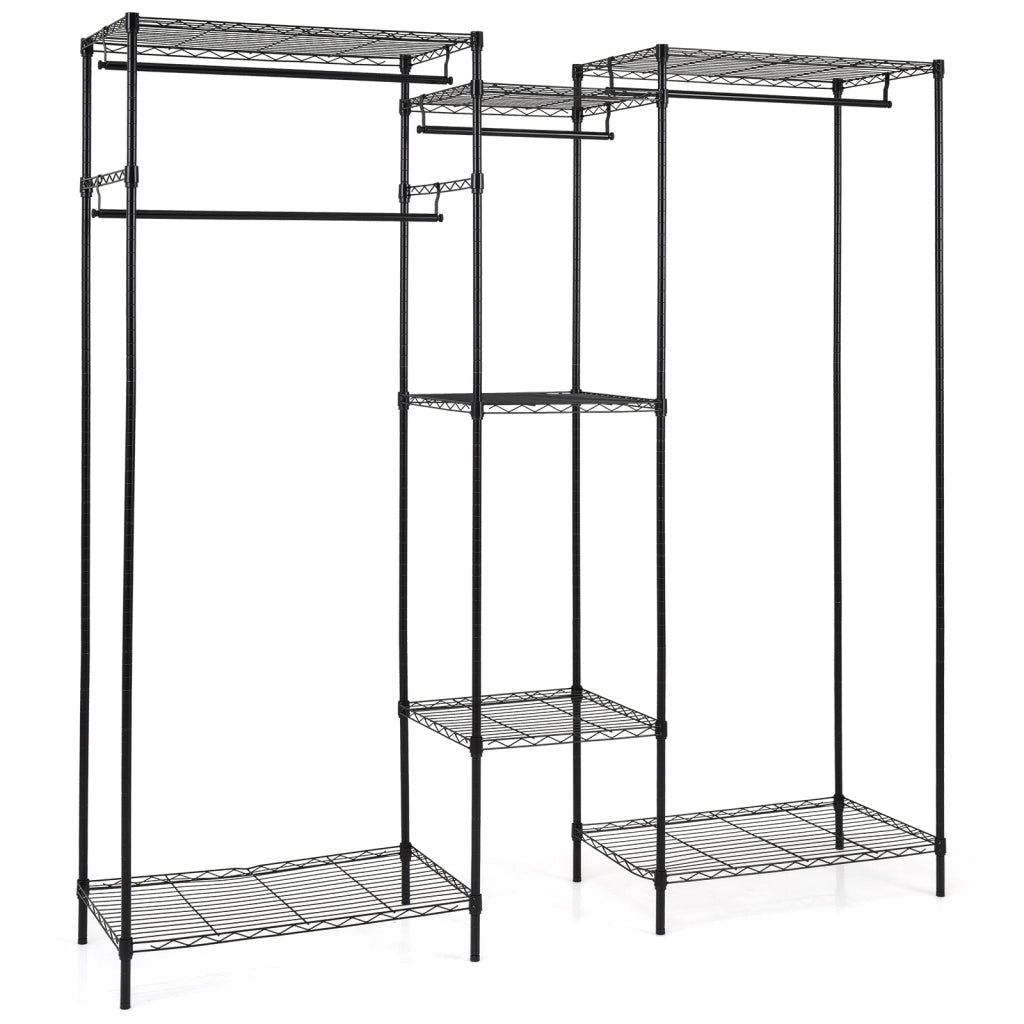 Stand appendiabiti convertibile L orizzontale 7 ripiani regolabili metallo, Stand 4 bastoni portata 530 kg installazione mobile abiti Nero