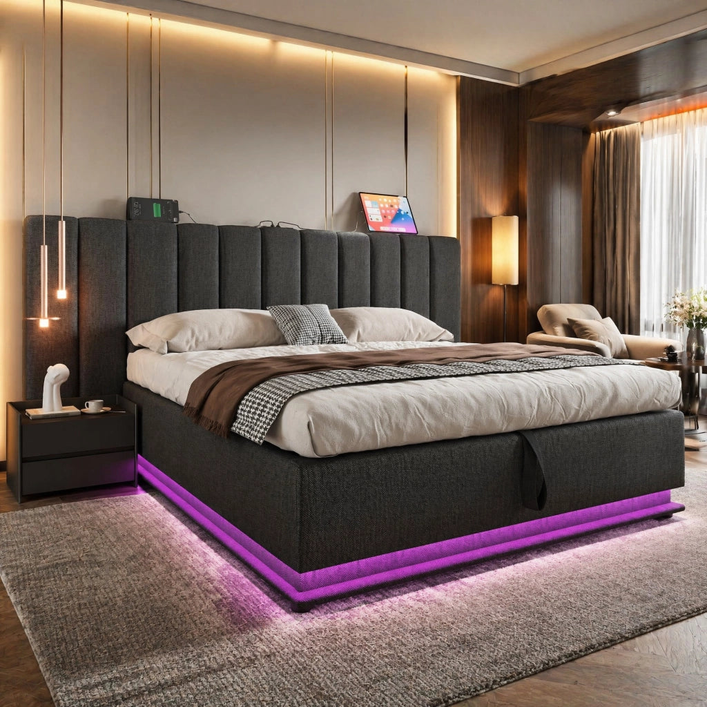 Letto matrimoniale contenitore 180x200 cm con LED 360掳; USB e USB-C; in lino grigio