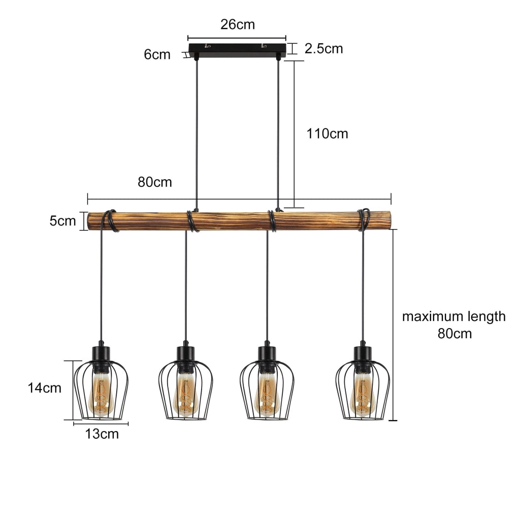 Lampada a sospensione ZMH retr¨° vintage 4 luci in legno design industriale regolabile