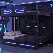Letto a castello 140x200 cm con LED; scala laterale; in metallo e MDF; nero