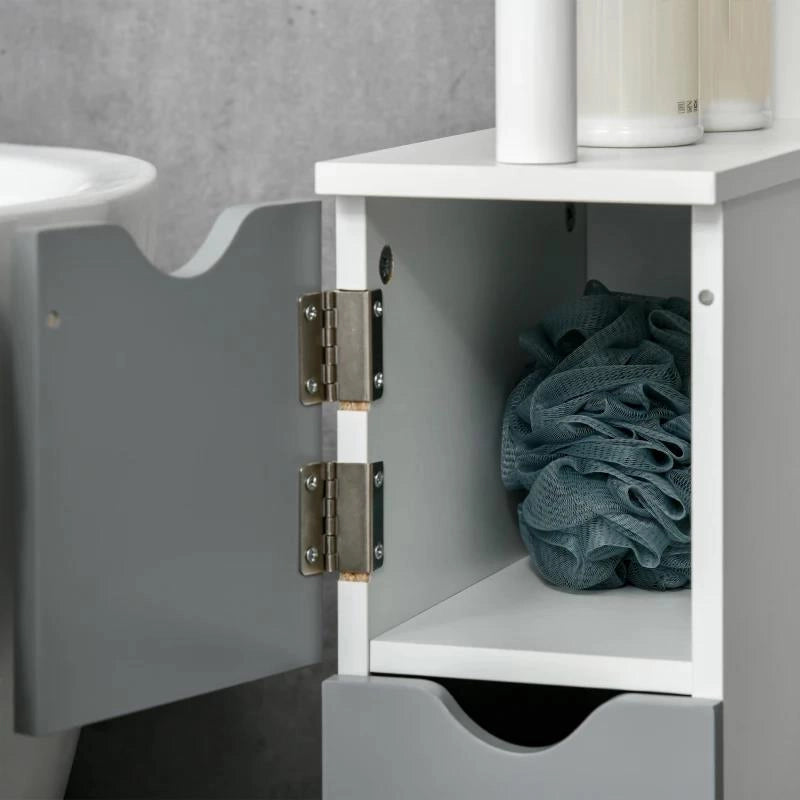 COLONNA BAGNO CON 2 RIPIANI E 2 ARMADIETTI, IN LEGNO, 15.2X29.8X118 CM, BIANCO E GRIGIO