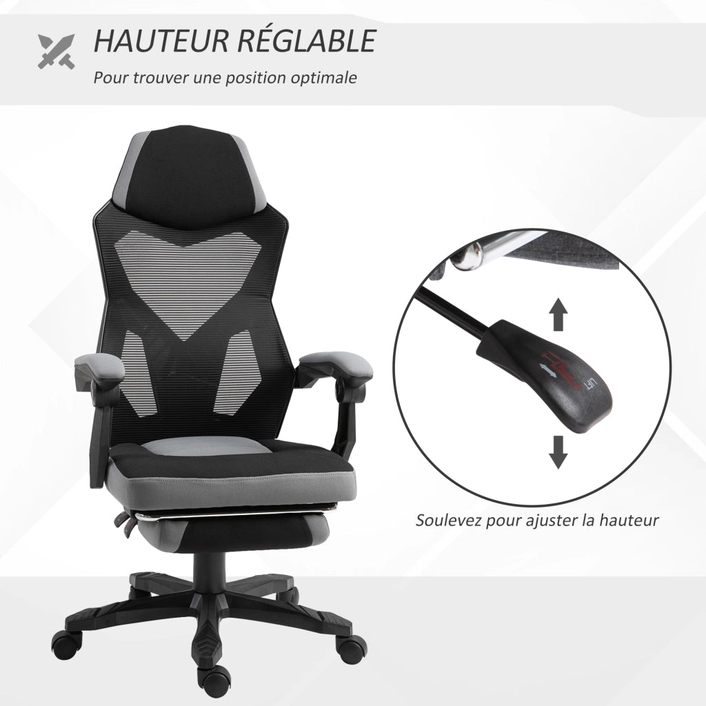 Sedia da ufficio gaming ¨C Minimal ¨C regolabile in altezza, schienale in rete, ruote girevoli, poggiapiedi, grigio nero