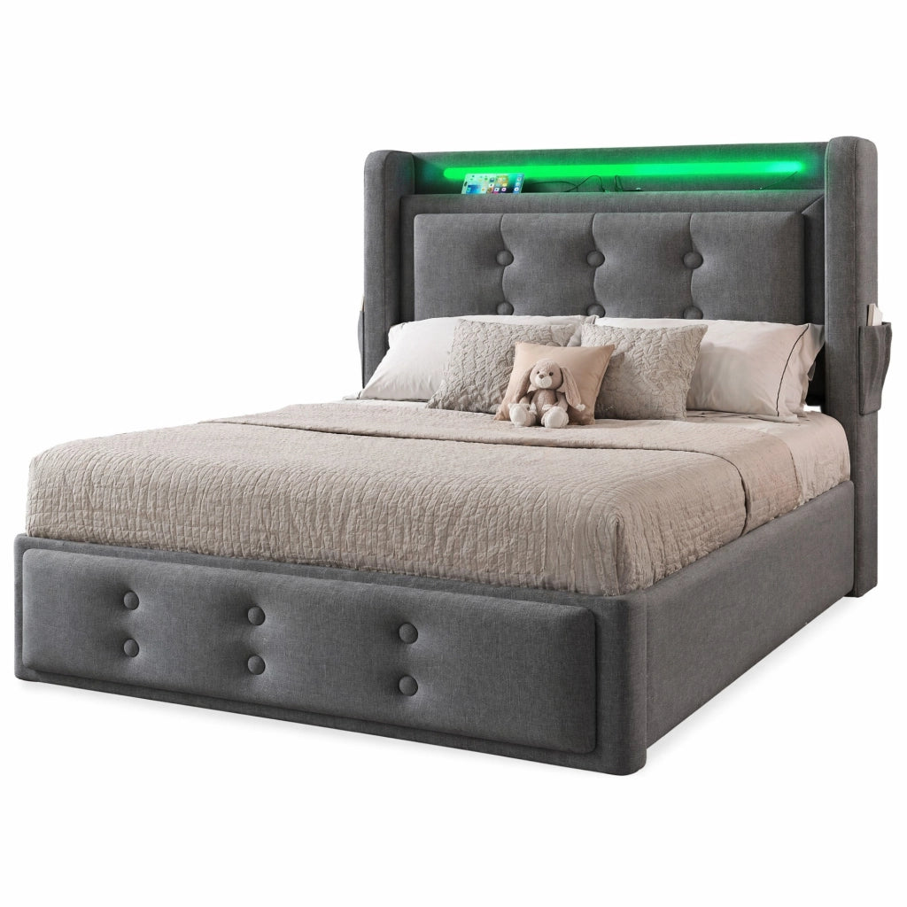 Letto imbottito 90x200 cm con LED; prese USB e Type-C; contenitore; cotone e lino; grigio