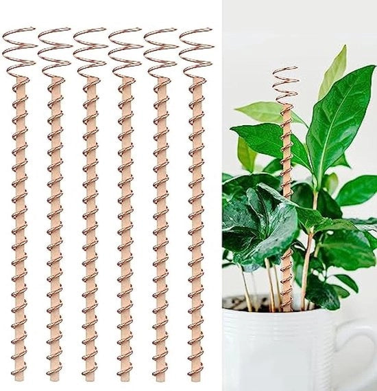 Set 6 pezzi composto da un supporto per piante elettrico da 30 cm di altezza con palo in legno, una antenna a spirale in rame per la coltivazione di verdure e altri accessori per giardino.