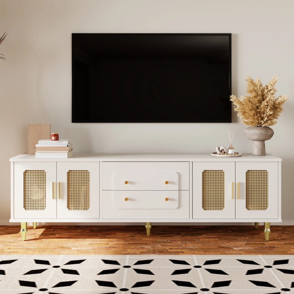 Mobile TV 175x38x55.5 cm; ante in PVC effetto rattan e cassetti push-to-open; truciolare bianco