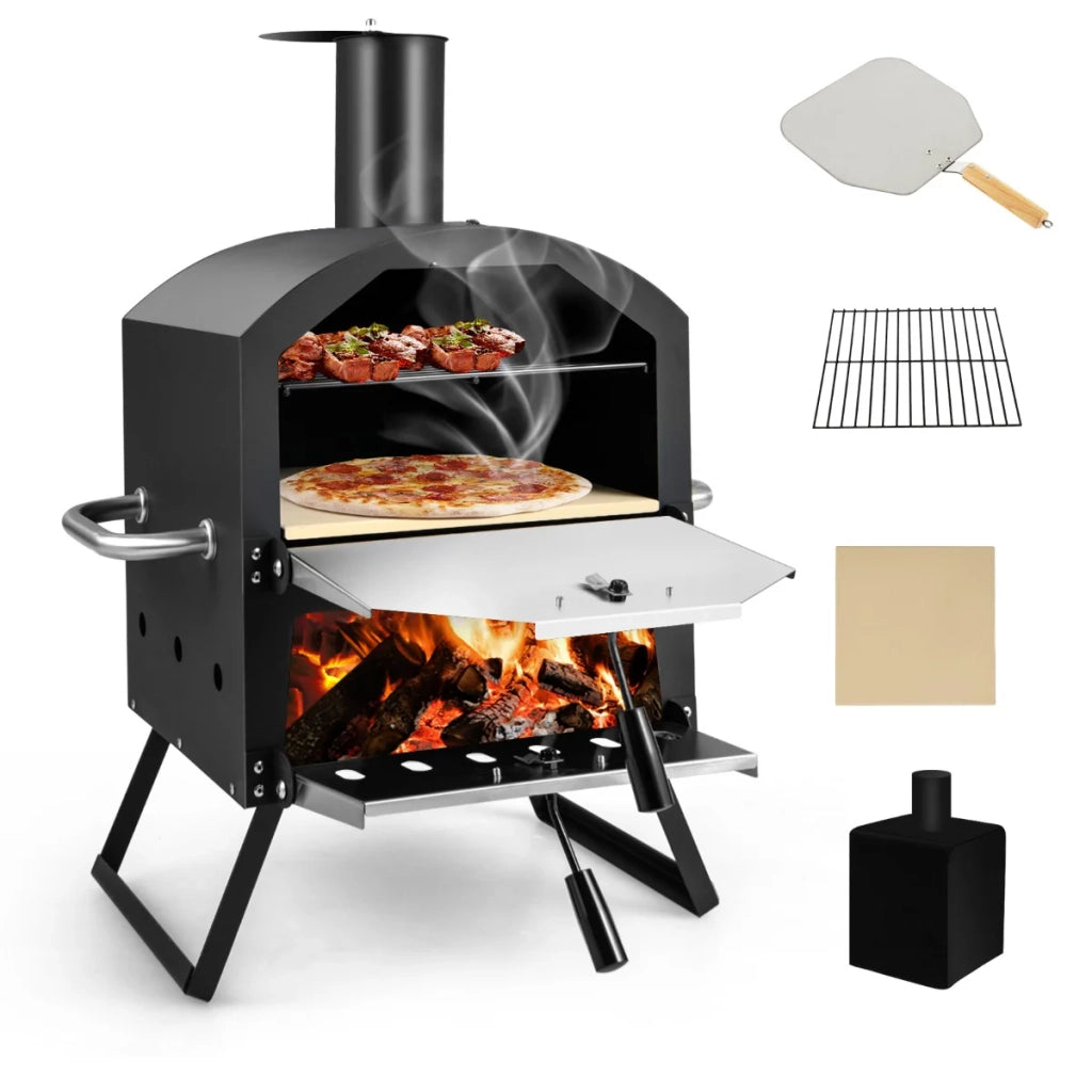 Forno per pizza portatile da esterno 54 x 31 x 72 cm cuoce 2 pizze contemporaneamente accessori completi metallo nero 20_0021081