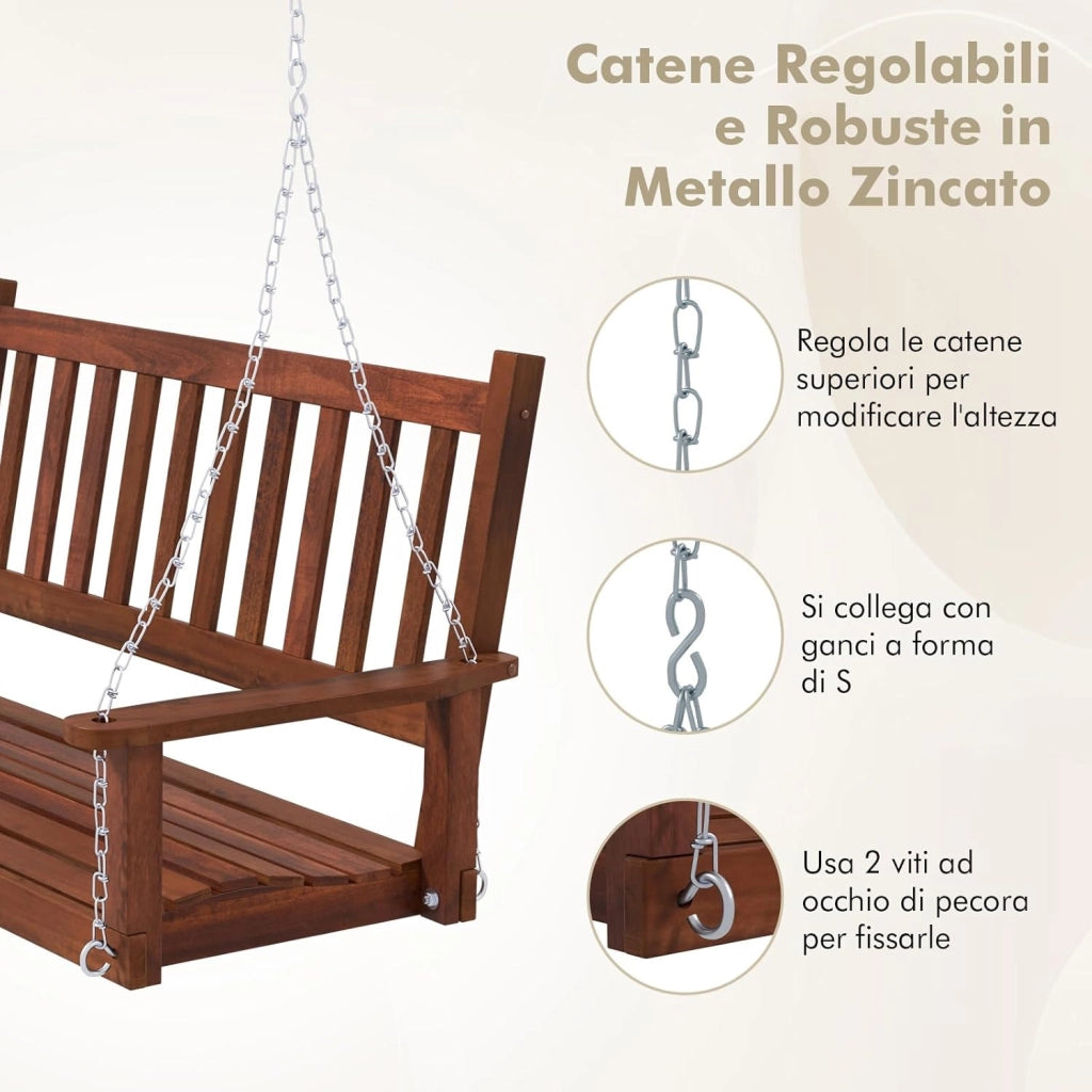 Altalena da Giardino in Legno per 2 Persone, Panchina Sospese in Legno con Capacità di Peso di 230 kg, Sedia a Dondolo per Giardino, Cortile (Marrone, 136 x 67 x 63 cm)