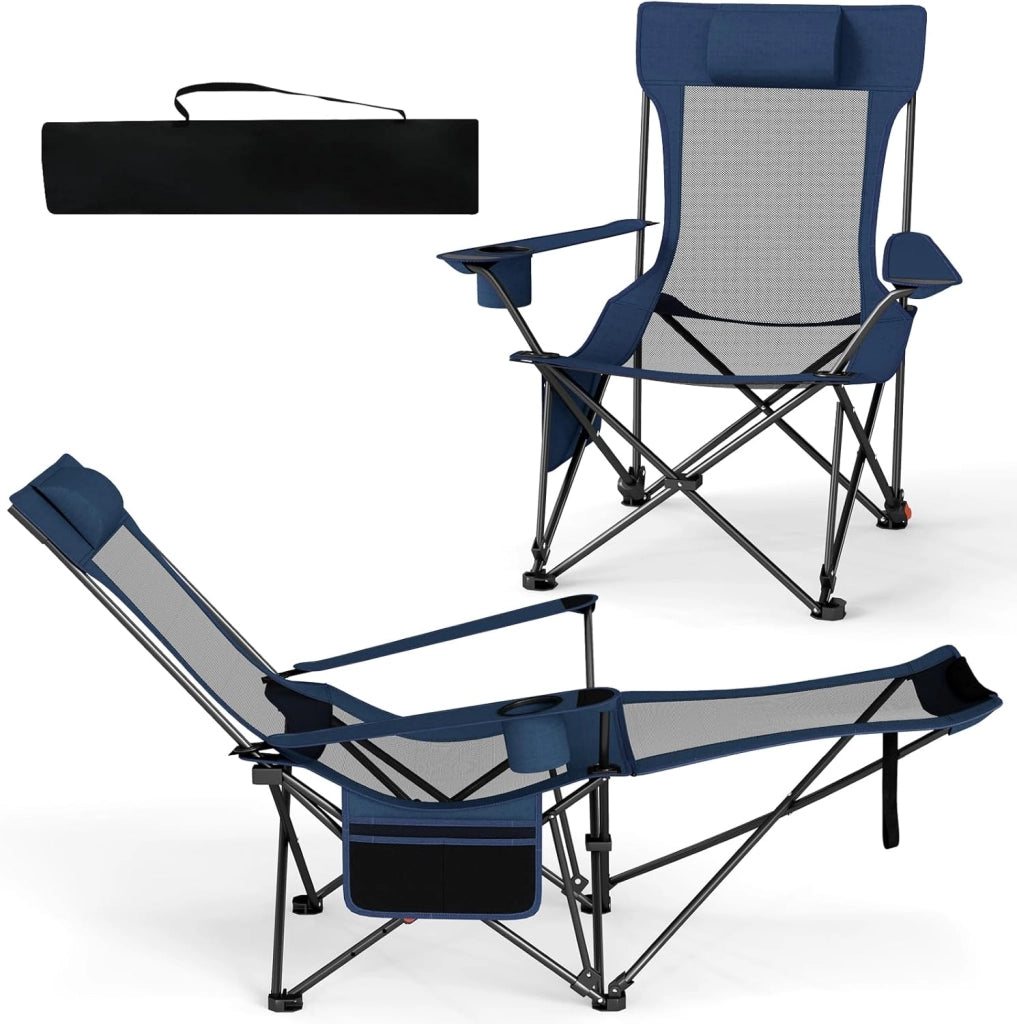 Sedia da Campeggio con Poggiapiedi Rimovibile, Poltrona Pieghevole con Schinale Reclinabile, Braccioli e Portabicchieri, Portata 150 kg, Sdraio in Testtuto Oxford per Giardino Spiaggia (Blu)