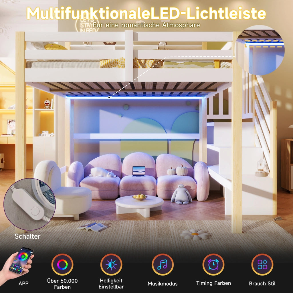 Letto castello 140x200 LED stivaggio scala vano bianco/naturale