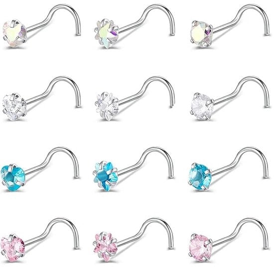 Piercing per naso 12 pezzi - Anelli per naso - Anelli per naso a vite - Tipo S - Acciaio inossidabile - Materiale ipoallergenico