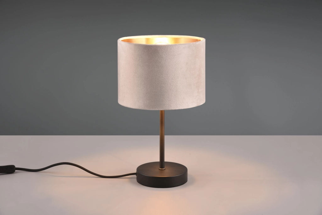 JULIETA LAMPADA DA TAVOLO METALLO NERO PARALUME VELLUTO TORTORA E ORO H. 30CM ATTACCO E27
