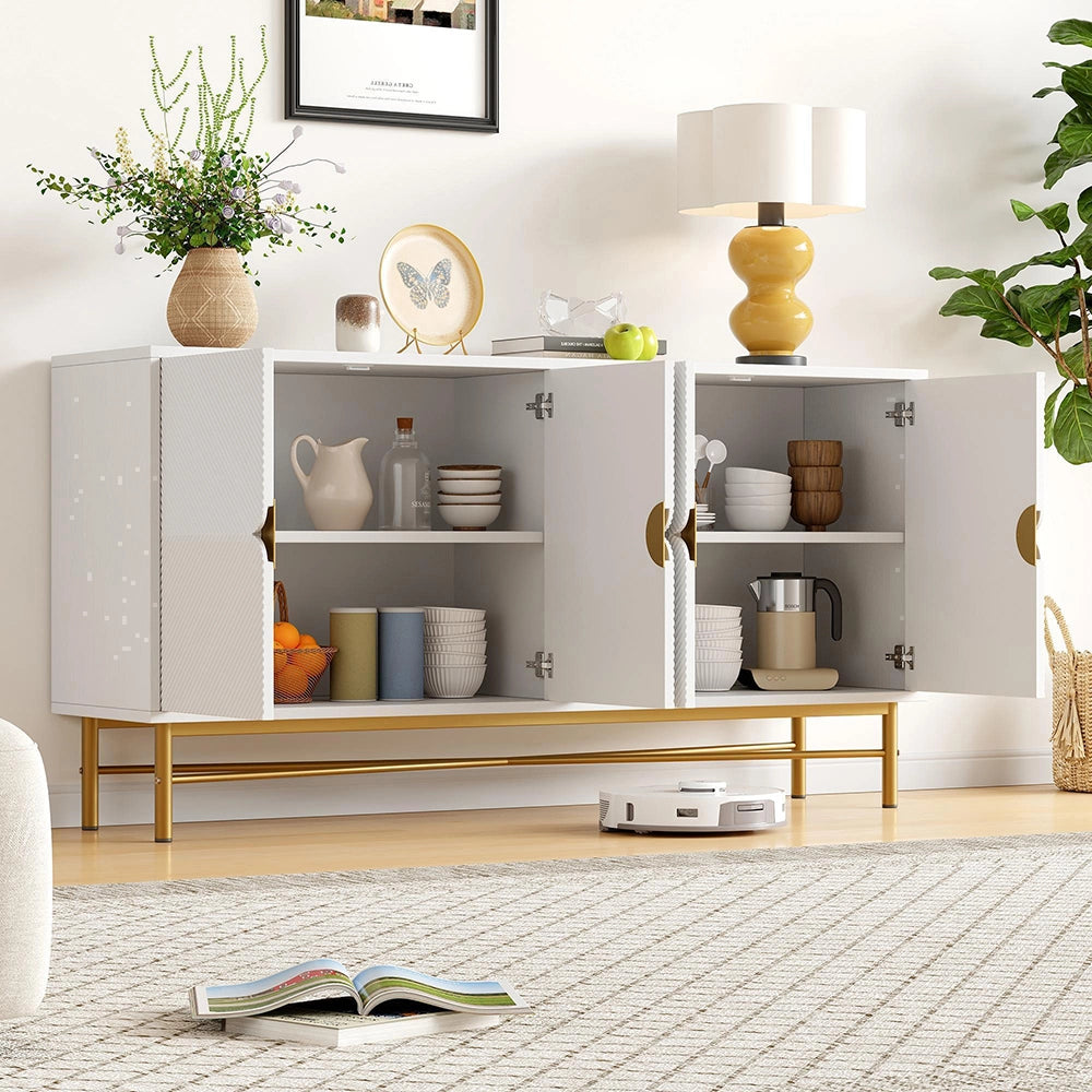 Credenza 160cm Texturizzata - Xylo - 4 Ante con Maniglie Oro, Colore Bianco