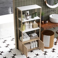 Mobile Bagno in Bambù con 3 Ripiani e Armadietto Inferiore, 63x30x138 cm, Color Legno e Bianco