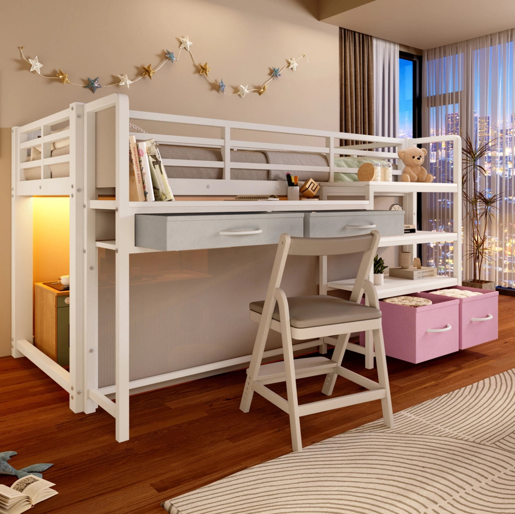 Letto a soppalco ULEVR 90x200 cm con scrivania, ripiani, cassetti in tessuto e LED multicolore, bianco