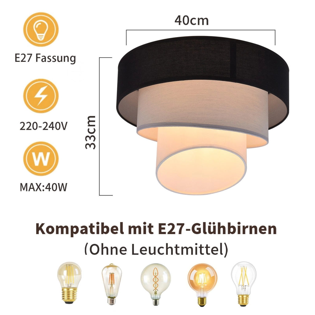 ZMH Lampada da soffitto plafoniera LED moderna 40cm paralume tessuto nero E27 per soggiorno corridoio