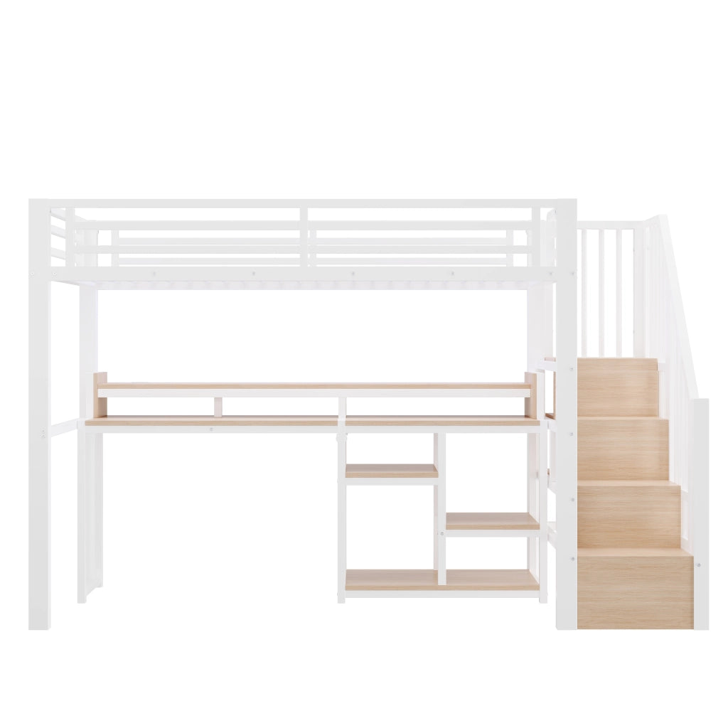 Letto a soppalco 90 × 200 cm con scala a armadio; ripiano; LED; USB e USB-C; metallo e MDF; bianco
