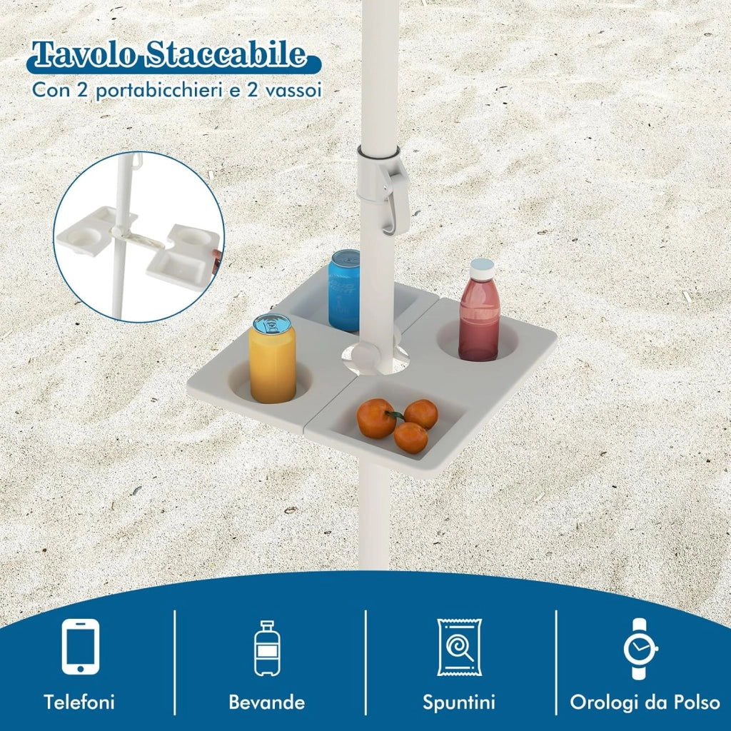 Ombrellone da Spiaggia 200 x 220 cm, Ombrellone da Mare con Inclinazione Regolabile, con Vassoio, 8 Stecche, Protezione UV, Impermeabile, Borsa di Trasporto (Verde)
