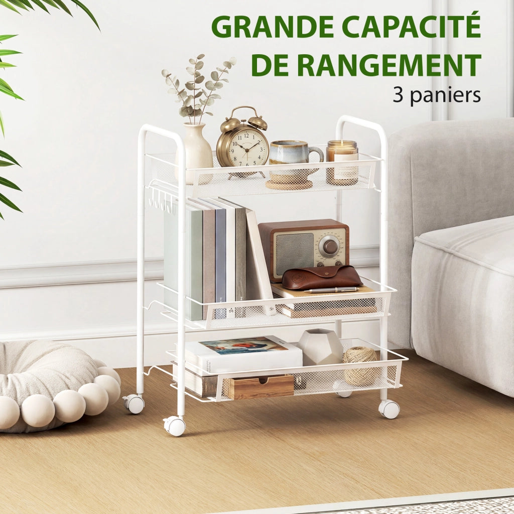 Carrello a 3 livelli con cesti ¨C zephmum ¨C bianco 45x26.5x63 cm