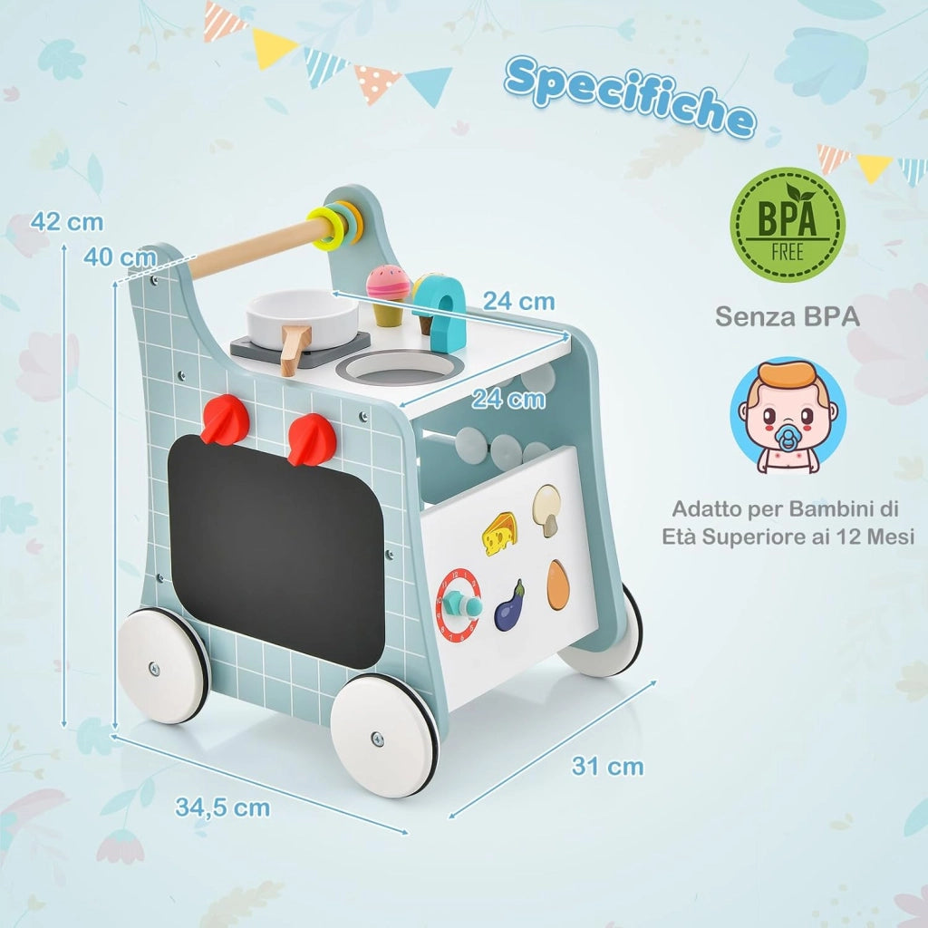 Girello per Bambini 6 in 1, Carrellino Primi Passi per Bmbini in Legno, con Cucina Giocattolo, Gioco Educativo con Ruote per Bambini 12 Mesi + (Blu)