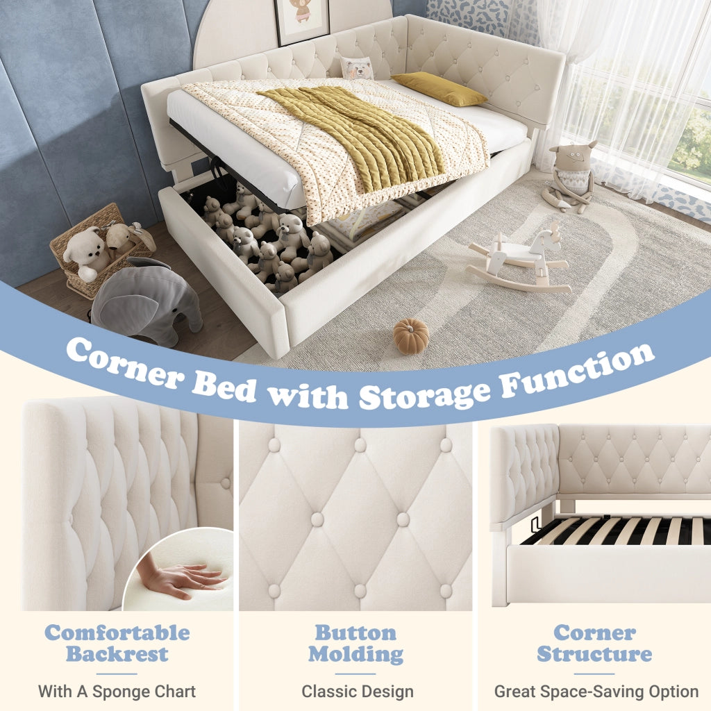 LETTO Divano 90x200 cm con contenitore idraulico in velluto beige