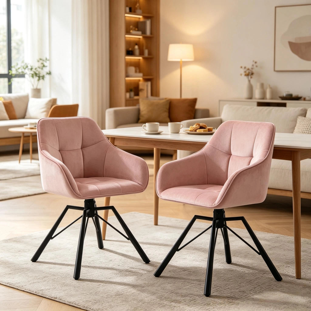 Sedia da Pranzo Set da 2 Girevole a 360° con Braccioli Design Ergonomico in Velluto Rosa
