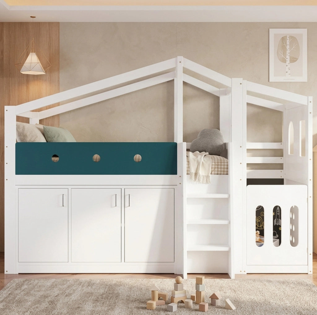 Letto a soppalco semialto 90x200 cm a forma di casa con armadio e area gioco bianco